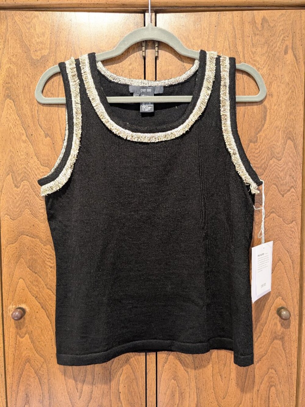 Per Se Carlisle Knit Med Black Sleeveless Tank Fringe Office Layer Career NWT